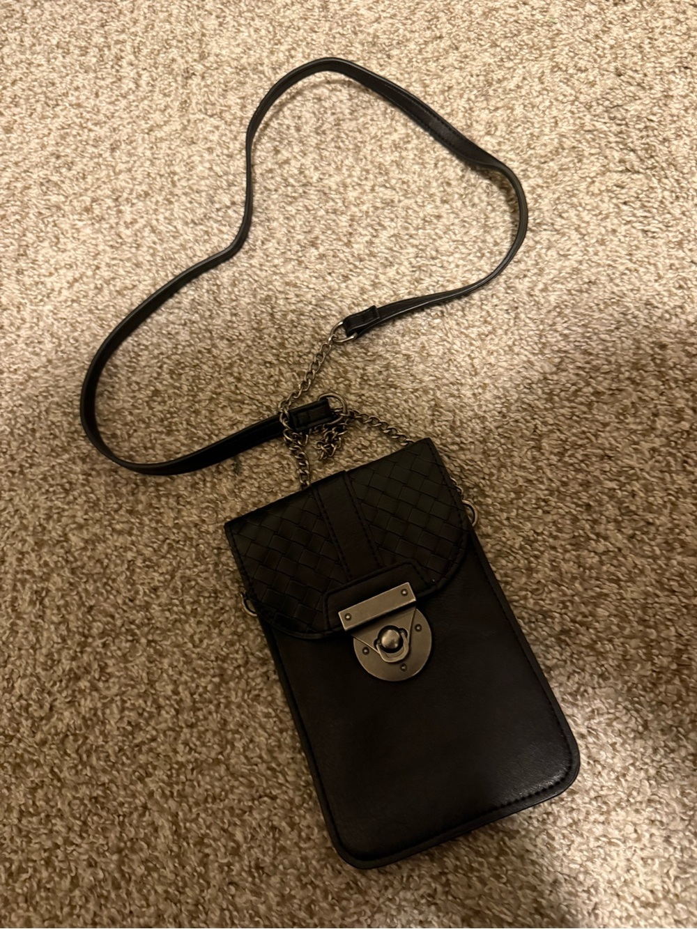 Black Leather Crossbody Phone Bag with Chain Strap